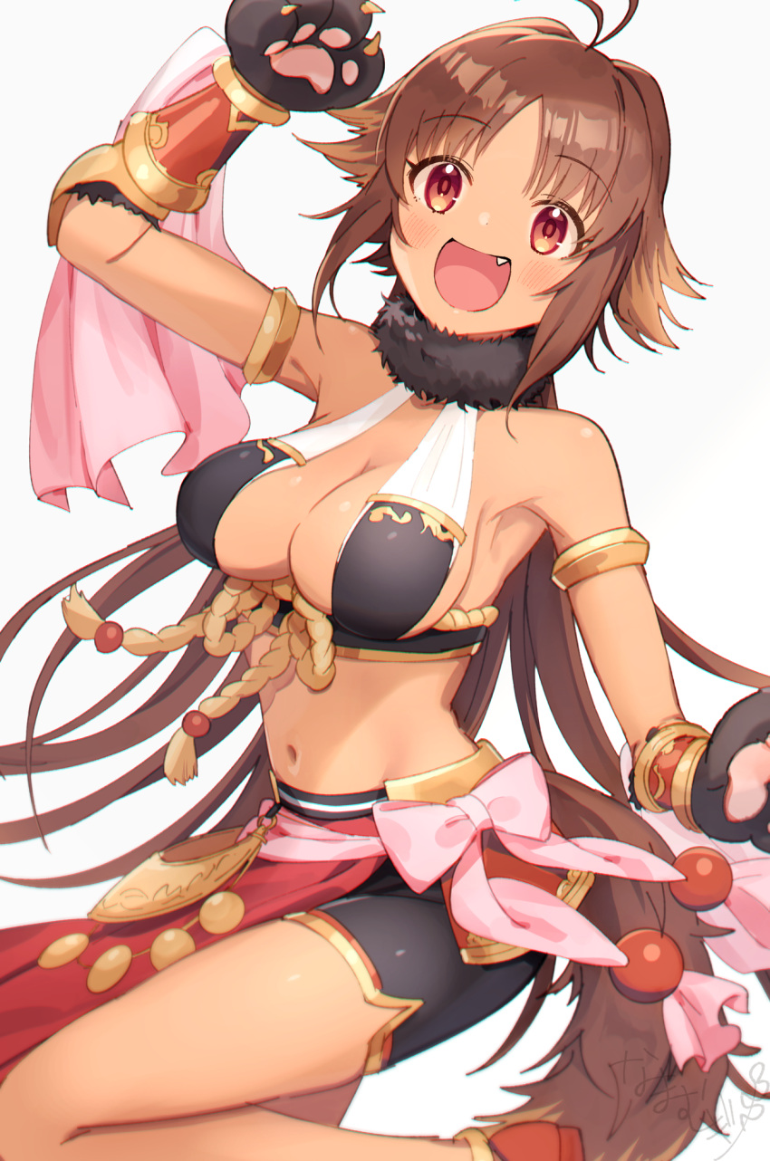 1girl :d animal_hands antenna_hair arm_up bangs bare_shoulders black_gloves black_shorts breasts brown_hair cleavage dark-skinned_female dark_skin eyebrows_visible_through_hair fang feet_out_of_frame gloves grey_background highres kaori_(princess_connect!) long_hair medium_breasts mugi_(iccomae) navel parted_bangs paw_gloves princess_connect! red_eyes red_footwear shoes short_shorts shorts simple_background smile solo standing standing_on_one_leg tail very_long_hair