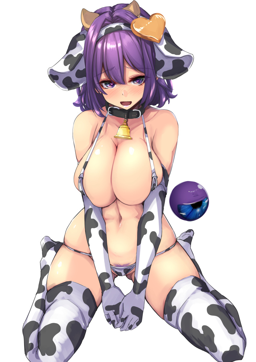 1girl 2021 absurdres animal_collar animal_ears animal_print bangs bell bikini black_collar blush breasts chinese_zodiac cleavage collar cow_ears cow_horns cow_print fake_animal_ears fake_horns gloves grey_background hair_ornament half-closed_eyes halterneck happy_new_year heart heart-shaped_pupils heart_hair_ornament highres horns komeiji_satori large_breasts looking_at_viewer navel neck_bell new_year own_hands_together print_bikini print_gloves print_legwear purple_eyes purple_hair shadow short_hair solo sweatdrop swimsuit symbol-shaped_pupils thighhighs third_eye touhou v_arms white_bikini white_gloves white_legwear year_of_the_ox yukito_(dreamrider)