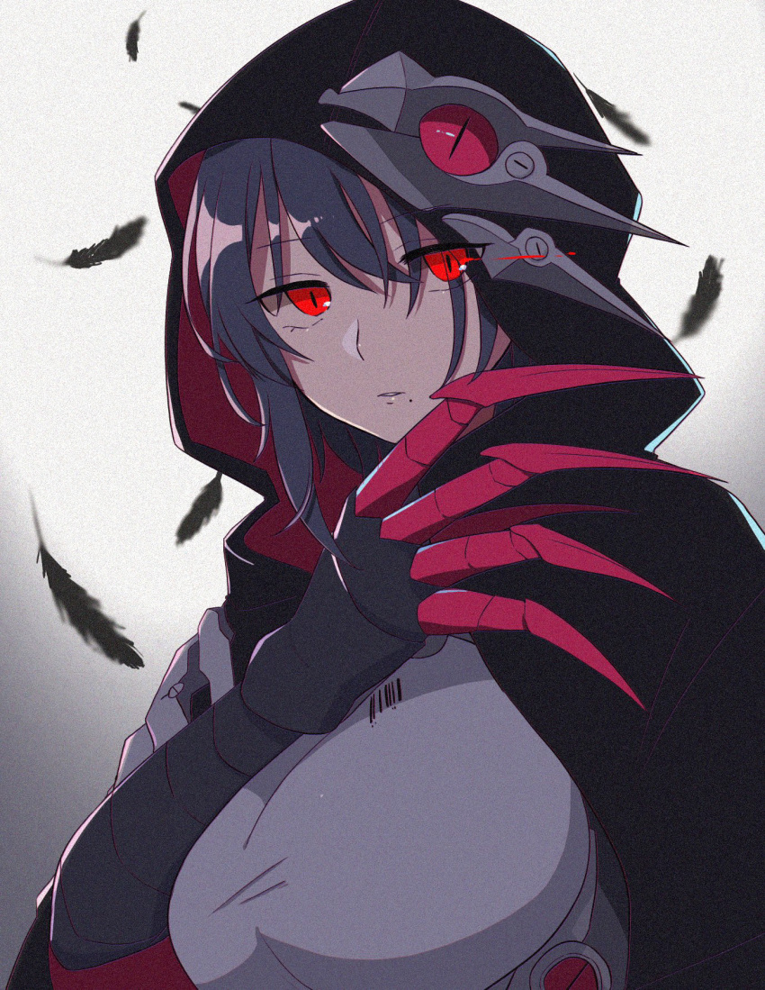 1girl bangs black_bodysuit black_cape black_hair blurry bodysuit cape claws feathers glowing glowing_eyes grey_background highres honkai_(series) honkai_impact_3rd looking_at_viewer medium_hair mole mole_under_mouth open_mouth raven_(honkai_impact_3rd) red_eyes solo teeth yukki_0125