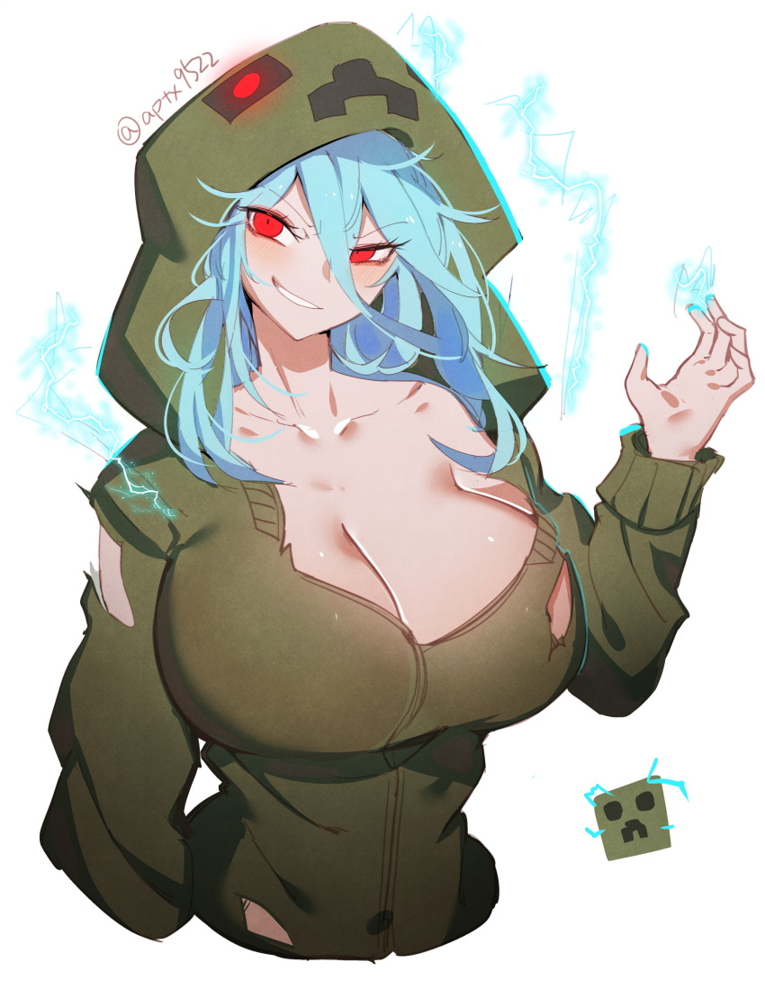 1girl absurdres at2. bangs blue_hair blush breasts charged_creeper creeparka creeper cupa_(at2.) electricity eyebrows_visible_through_hair highres hood hoodie large_breasts long_hair long_sleeves looking_at_viewer minecraft open_mouth personification red_eyes simple_background smile solo torn_hoodie twitter_username white_background