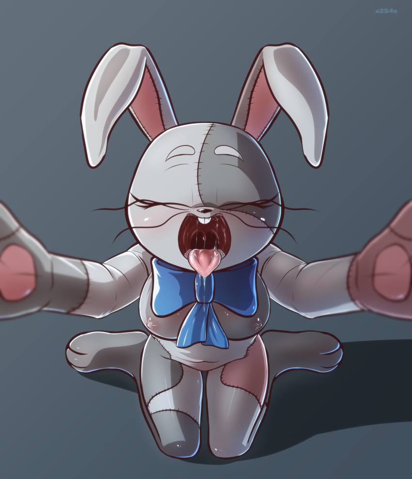 3_toes absurd_res animate_inanimate anthro anticipation big_breasts black_nose blush bodily_fluids body_blush bow_tie breast_blush breasts buckteeth doll drooling e254e eyelashes eyes_closed feet female first_person_view five_nights_at_freddy's floppy_ears grey_body hi_res holding_viewer imminent_oral imminent_vore kneeling lagomorph leporid living_doll mammal mouth_shot navel nipples nude open_mouth patch_(fabric) pawpads propositioning rabbit saliva scottgames simple_background solo stitch_(sewing) teeth toes tongue tongue_out uvula vanny_(fnaf) video_games