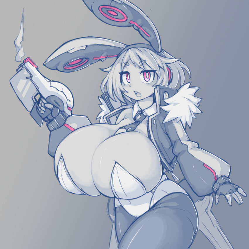 aged_up animal_humanoid big_breasts breasts bunny_costume clothed clothing coat costume demon digital_media_(artwork) disgaea disgaea_5 female fingerless_gloves gloves gradient_background gun handwear hi_res holding_gun holding_object holding_weapon huge_breasts humanoid kittenboogers lagomorph lagomorph_humanoid leporid_humanoid mammal mammal_humanoid necktie open_mouth pink_eyes rabbit_humanoid ranged_weapon science_fiction simple_background smoke solo topwear usalia video_games weapon