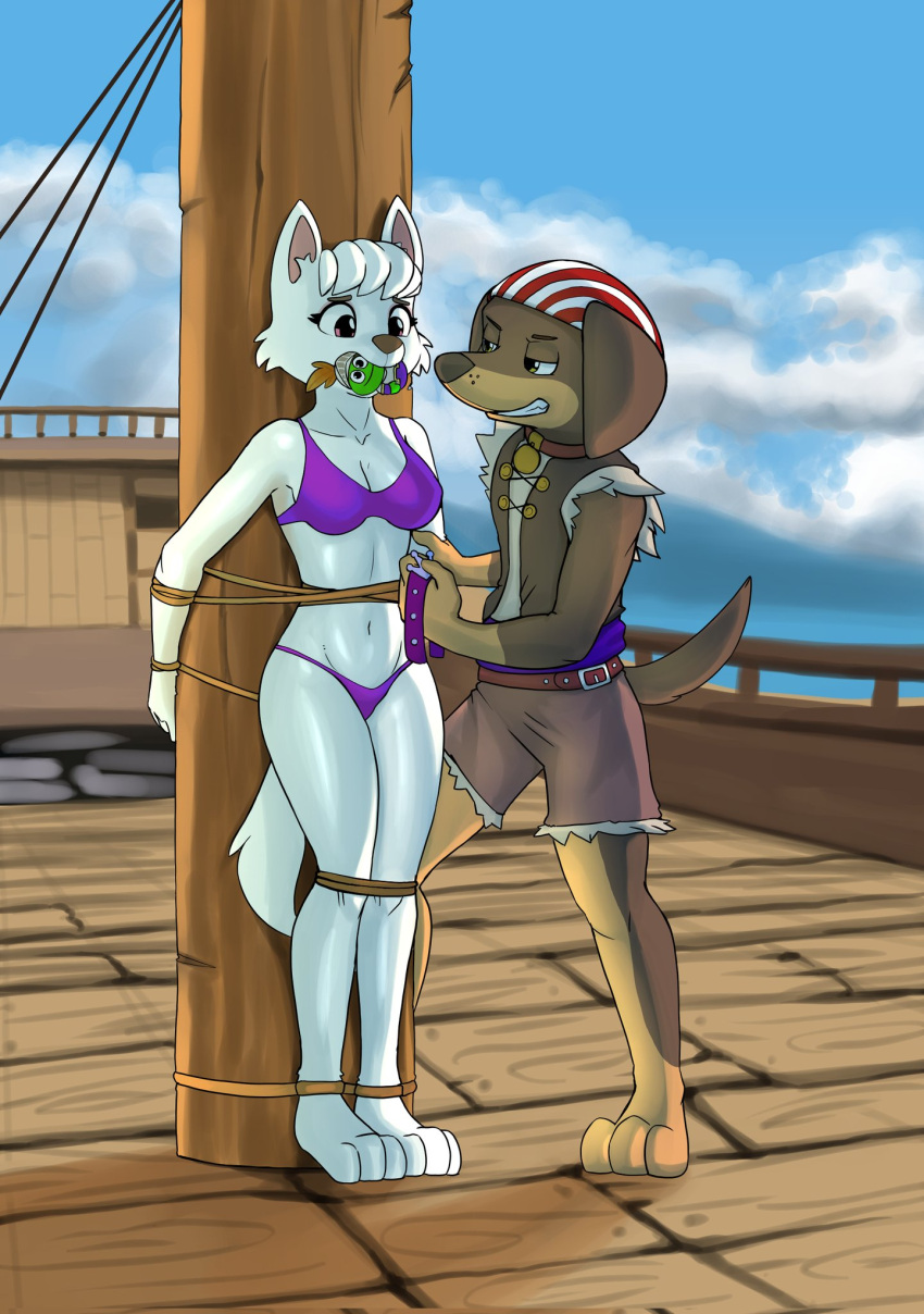 anthro arrby_(paw_patrol) bound canid canine canis clothing dachshund detailed_background diacordst domestic_dog duo evil_grin female fur gag gagged hi_res hunting_dog male male/female mammal paw_patrol pink_eyes shaded smile sweetie_(paw_patrol) terrier underwear west_highland_white_terrier yellow_eyes