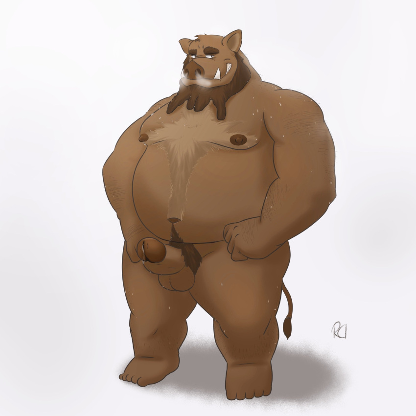 2022 anthro balls belly bodily_fluids brown_body erection genitals hi_res humanoid_hands male mammal moobs navel nipples overweight overweight_male penis ragnadope simple_background solo suid suina sus_(pig) sweat wild_boar