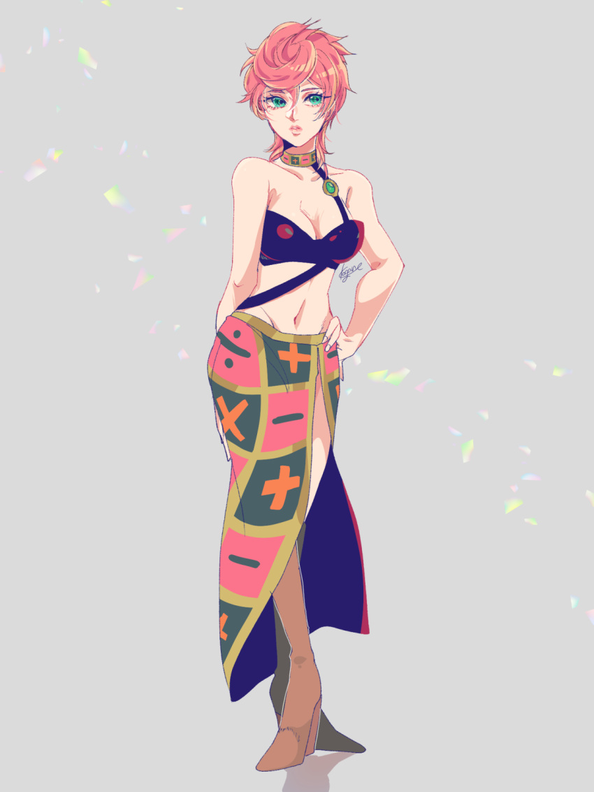 1girl blue_eyes boots breasts choker cleavage full_body high_heel_boots high_heels highres jojo_no_kimyou_na_bouken kogatarou midriff pink_hair short_hair skirt solo standing trish_una vento_aureo