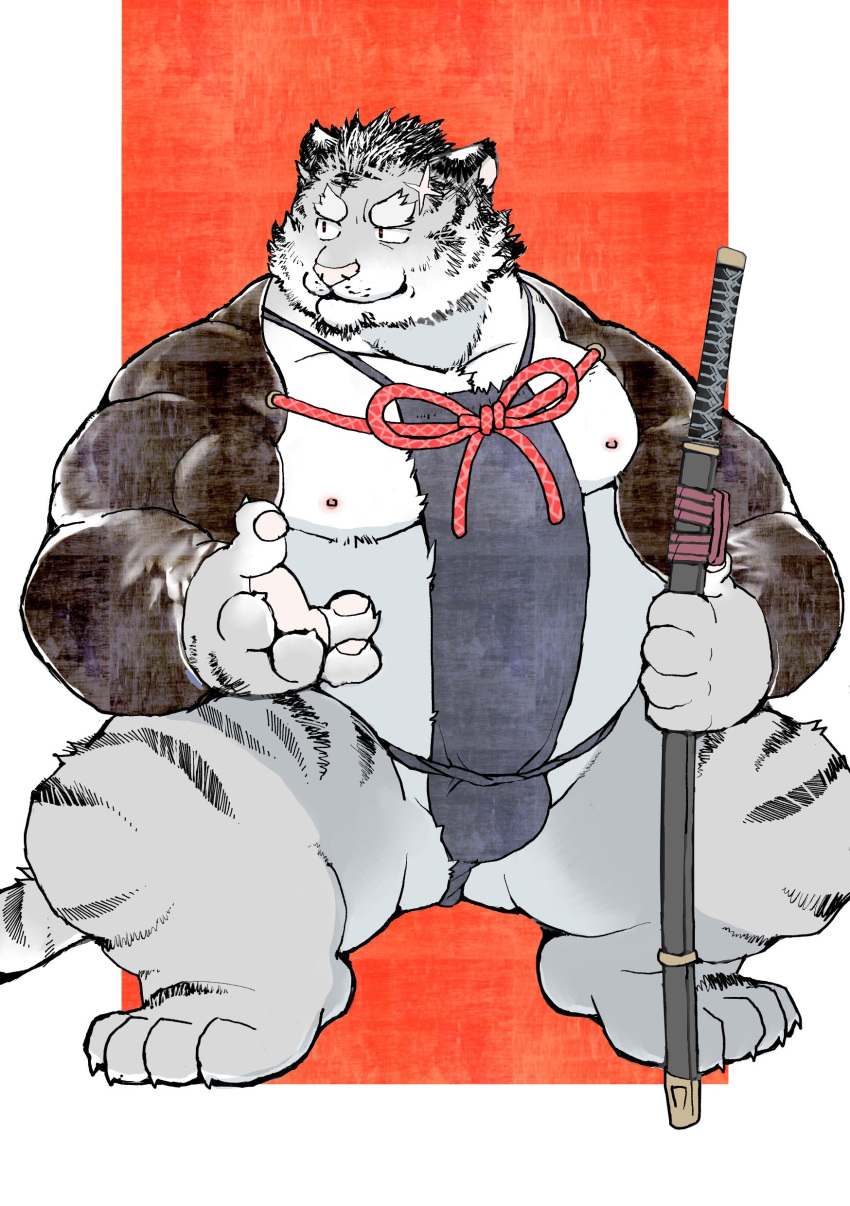 2022 absurd_res anthro asian_clothing belly clothing east_asian_clothing felid fundoshi hi_res humanoid_hands japanese_clothing kemono male mammal moobs nipples overweight overweight_male pantherine scar solo tiger underwear weapon yaoyasohachi