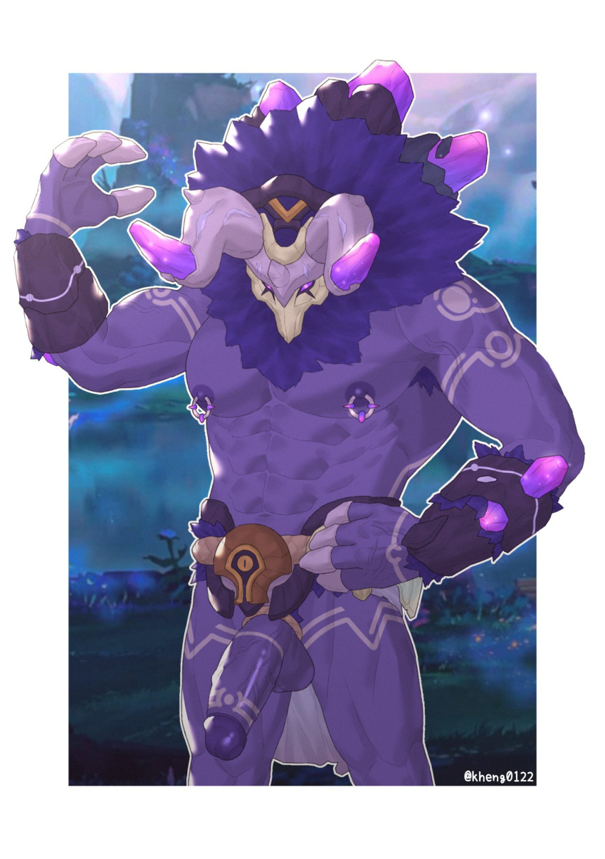 abs armpit_hair belt body_hair bottomwear claws clothing erection flower genitals genshin_impact grass hi_res horn humanoid kheng lawachurl loincloth male mane mostly_nude muscular muscular_male nipple_piercing nipples pecs penis piercing plant purple_body purple_eyes purple_mane solo thunderhelm_lawachurl vein veiny_penis video_games