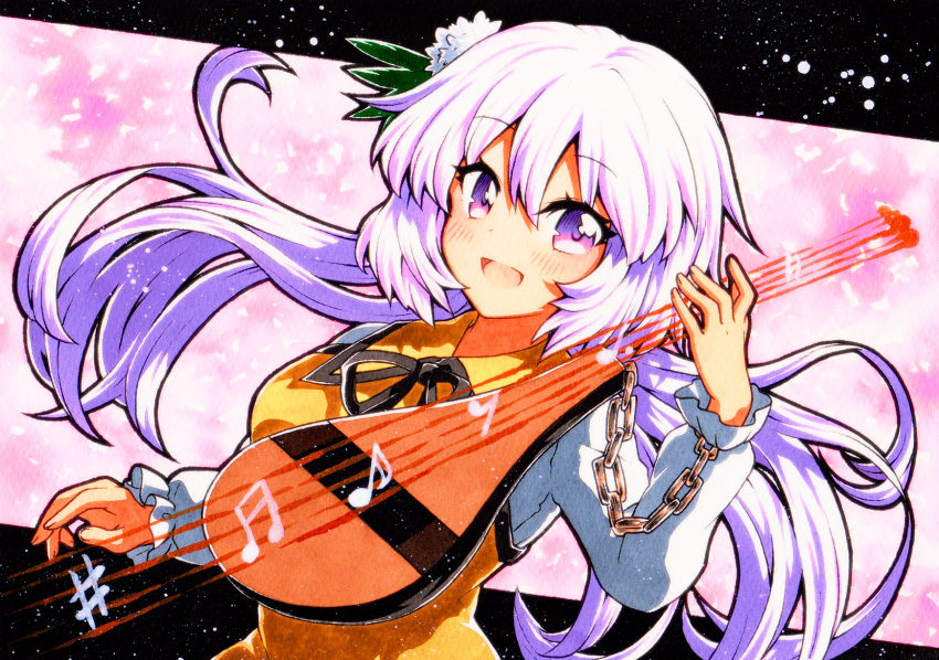 1girl biwa_lute highres instrument light_purple_hair lute_(instrument) music musical_note open_mouth playing_instrument purple_eyes qqqrinkappp solo staff_(music) touhou traditional_media tsukumo_benben