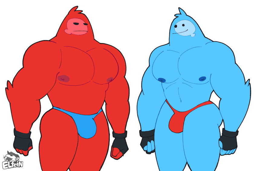 2021 5_fingers big_muscles black_eyes blue_body blue_clothing blue_nipples blue_thong blue_underwear bulge clothed clothing duo elfein epic_games fingerless_gloves fingers fortnite gloves goo_creature goo_humanoid handwear hi_res humanoid male muscular muscular_humanoid muscular_male nipples not_furry pecs red_body red_clothing red_nipples red_thong red_underwear rippley signature simple_background sludge_(fortnite) smile standing thong topless underwear video_games white_background