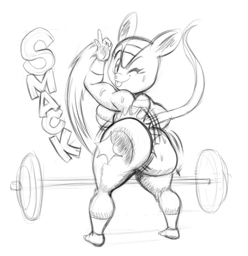 anthro armadillo barbell big_butt blep bodily_fluids breasts butt butt_slap clothed clothing female hi_res looking_at_viewer looking_back looking_back_at_viewer mammal monochrome side_boob slap solo sweat tansau tongue tongue_out xenarthran