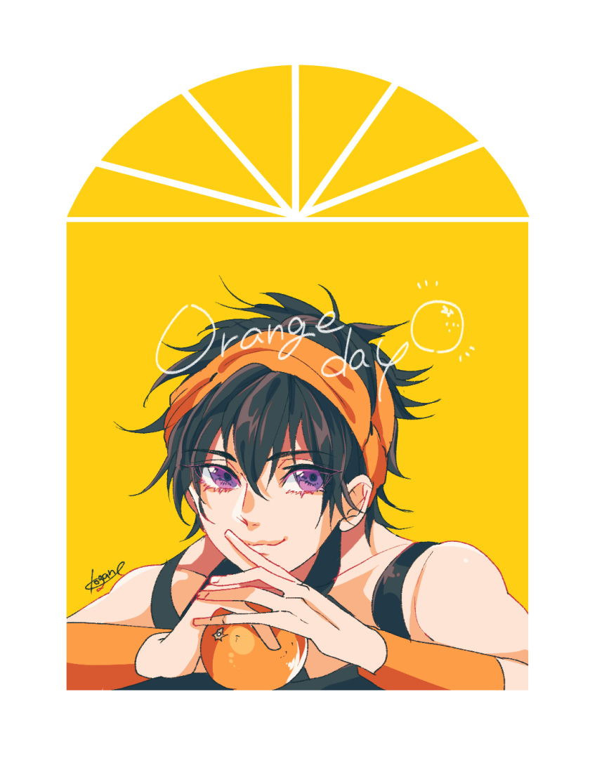 1boy :3 black_hair food fruit headband highres holding holding_food holding_fruit jojo_no_kimyou_na_bouken kogatarou male_focus narancia_ghirga orange_(fruit) purple_eyes solo steepled_fingers wristband