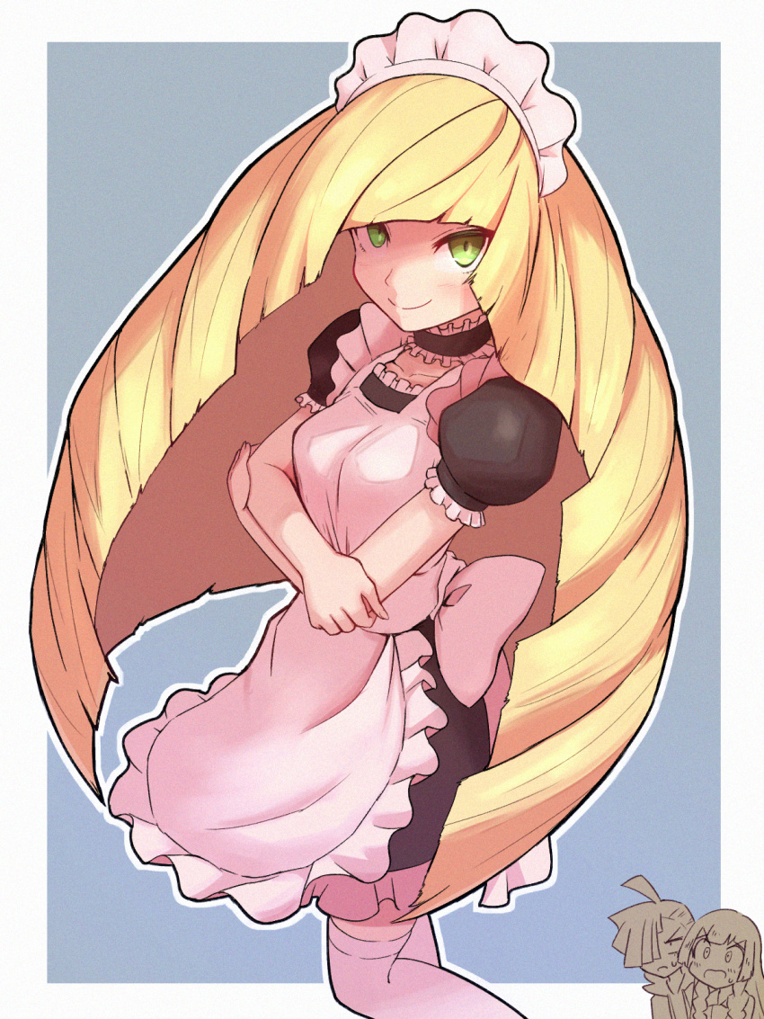 1boy 2girls alternate_costume apron blonde_hair blush border breasts closed_mouth commentary_request dress enmaided frills gladion_(pokemon) highres kurachi_mizuki lillie_(pokemon) long_hair looking_at_viewer lusamine_(pokemon) maid maid_headdress multiple_girls neck_garter outline outside_border pokemon pokemon_(game) pokemon_sm short_sleeves smile thighhighs very_long_hair white_apron white_border white_legwear