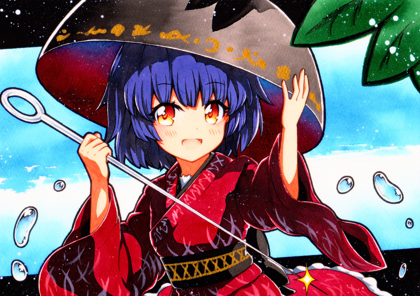 1girl bowl bowl_hat hat highres holding holding_needle japanese_clothes kimono long_sleeves minigirl needle needle_sword obi purple_hair qqqrinkappp red_kimono sash short_hair solo sukuna_shinmyoumaru touhou traditional_media wide_sleeves