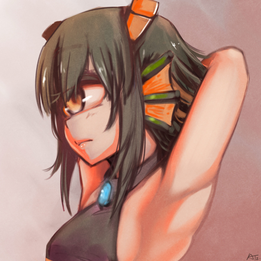 1girl absurdres armpits arms_behind_head arms_up at2. black_hair brown_eyes closed_mouth cyclops expressionless guardian_(minecraft) highres looking_away minecraft one-eyed personification short_hair solo