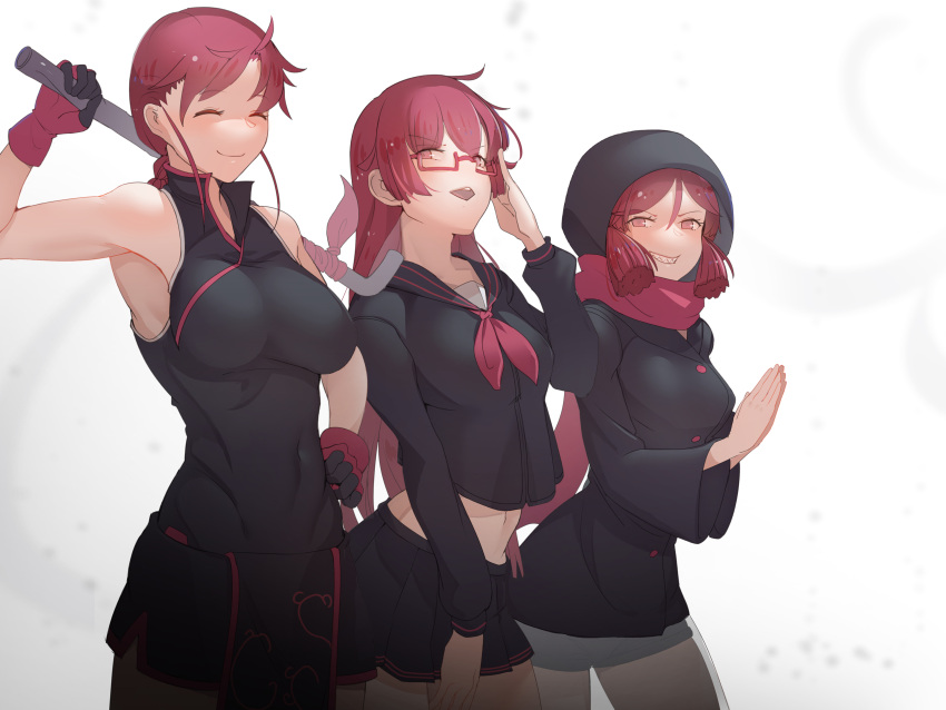 3girls absurdres adjusting_eyewear at2. black_serafuku braid breasts china_dress chinese_clothes commentary_request dress glasses highres hood kemurikusa large_breasts long_hair looking_at_viewer multiple_girls red_hair riku_(kemurikusa) ryoku_(kemurikusa) ryou_(kemurikusa) scarf school_uniform serafuku sharp_teeth siblings single_braid sisters teeth