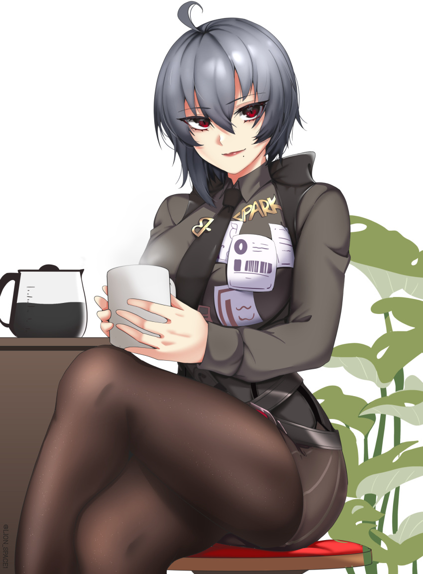 1girl bangs bartender black_hair black_necktie brown_legwear chair closed_mouth coffee coffee_mug crossed_legs cup grey_shirt highres holding holding_cup honkai_(series) honkai_impact_3rd lion_space lipstick long_sleeves looking_at_viewer makeup medium_hair mole mole_under_mouth mug necktie pantyhose polo_shirt purple_eyes raven_(honkai_impact_3rd) shirt simple_background sitting smile solo table white_background