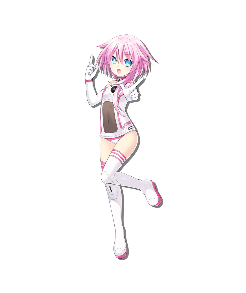 1girl :d alpha_transparency artist_request bangs blue_eyes boots choujigen_game_neptune_sisters_vs_sisters covered_navel dot_nose drop_shadow eyebrows_visible_through_hair flat_chest full_body gloves hair_over_shoulder hand_up highres index_finger_raised leotard long_hair looking_at_viewer neptune_(series) official_art open_mouth pink_hair reaching_out smile solo standing standing_on_one_leg tachi-e thigh_boots thighhighs transparent_background white_footwear white_gloves white_leotard white_sister_ram