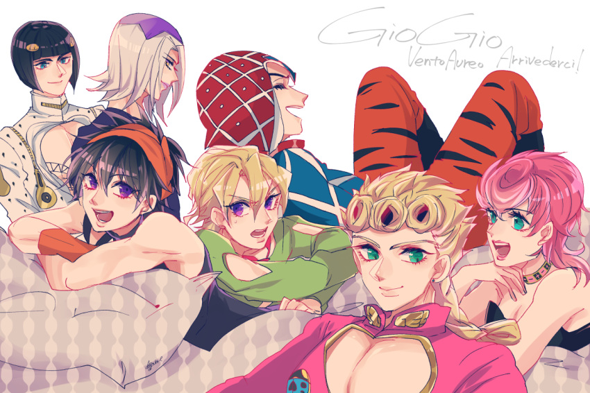 1girl 6+boys aqua_eyes black_hair blonde_hair blue_eyes bob_cut braid bruno_buccellati bug earrings giorno_giovanna grey_hair guido_mista hat headband jewelry jojo_no_kimyou_na_bouken kogatarou ladybug leone_abbacchio male_focus multiple_boys narancia_ghirga necktie pannacotta_fugo pillow purple_eyes tiger_stripes trish_una unmoving_pattern vento_aureo