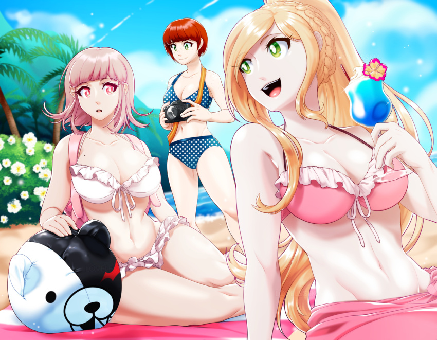 3girls :d backpack bag ball bangs bare_arms bare_shoulders beach beachball bikini blue_bikini braid breasts bush camera cleavage cloud cloudy_sky cocktail_glass cup danganronpa_(series) danganronpa_2:_goodbye_despair danganronpa_s:_ultimate_summer_camp day drinking_glass eyebrows_visible_through_hair flipped_hair flower freckles green_eyes highres holding koizumi_mahiru large_breasts long_hair lovelesskia mole mole_on_breast monokuma multiple_girls nanami_chiaki navel ocean palm_tree pink_bag pink_eyes polka_dot polka_dot_bikini ponytail red_hair shiny shiny_hair short_hair sitting sky smile sonia_nevermind stomach swimsuit teeth tongue towel tree upper_teeth watermark white_bikini