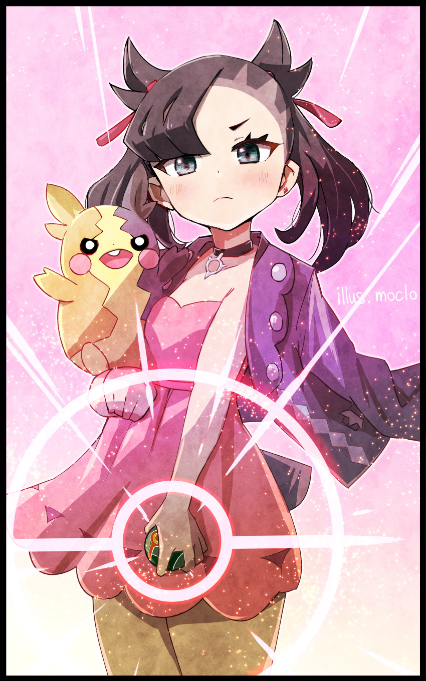 1girl absurdres asymmetrical_bangs bangs blush choker closed_mouth commentary_request dress dusk_ball earrings eyelashes hair_ribbon highres holding holding_poke_ball jacket jacket_on_shoulders jewelry looking_at_viewer marnie_(pokemon) morpeko morpeko_(full) pink_dress poke_ball pokemon pokemon_(creature) pokemon_(game) pokemon_on_arm pokemon_swsh red_ribbon ribbon t7474 twintails