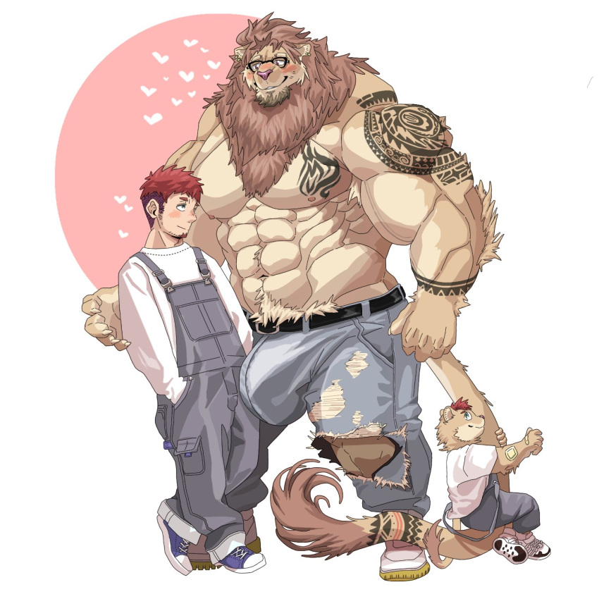 &lt;3 abs anthro arm_tattoo beard belt big_bulge big_muscles blush bodily_fluids bottomwear brown_body brown_fur brown_mane bulge chan_kiti_chan_(artist) chest_tuft clothing eyewear facial_hair family father father_and_child father_and_son felid footwear fur glasses group hair hi_res human human_on_anthro interspecies larger_anthro lion male male/male mammal mane muscular muscular_anthro muscular_male navel nipples overalls pantherine pants parent parent_and_child red_hair romantic romantic_couple shirtless shoes size_difference smaller_human son sweat tail_hug tattoo torn_bottomwear torn_clothing torn_pants tuft