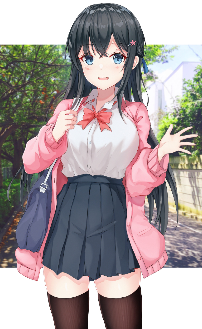1girl absurdres bag bangs black_hair black_legwear blue_eyes blue_skirt blurry blurry_background blush bow bowtie building cardigan collared_shirt dress_shirt hair_ornament hand_up highres long_hair long_sleeves looking_at_viewer neon_(hhs9444) original outdoors parted_lips pink_cardigan pleated_skirt red_bow red_bowtie road school_bag school_uniform shirt skirt solo standing street thighhighs tree white_shirt zettai_ryouiki