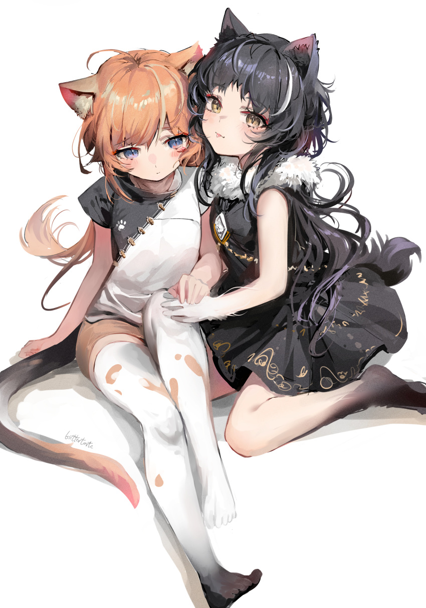 2girls absurdres animal_ears animal_hands artist_name bangs biittertaste black_dress black_hair black_shirt blue_eyes body_fur brown_shorts cat_ears cat_girl cat_tail character_request closed_mouth copyright_request dress fur-trimmed_dress fur_trim hand_on_another's_knee highres knee_up long_hair looking_at_viewer looking_away multicolored_hair multiple_girls on_floor orange_hair palms_together paw_print shirt short_sleeves shorts shy simple_background sitting sleeveless sleeveless_dress slit_pupils streaked_hair tail thighhighs tongue tongue_out two-tone_shirt wariza white_background white_legwear yellow_eyes