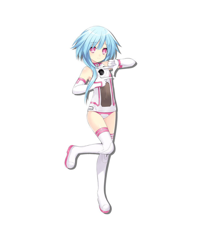 1girl alpha_transparency artist_request bangs bare_shoulders blue_hair boots choujigen_game_neptune_sisters_vs_sisters covered_navel dot_nose drop_shadow elbow_gloves eyebrows_visible_through_hair finger_frame flat_chest full_body gloves hair_over_shoulder hand_up highres leotard long_hair looking_at_viewer neptune_(series) official_art pink_eyes smile solo standing standing_on_one_leg tachi-e thigh_boots thighhighs transparent_background white_footwear white_gloves white_leotard white_sister_rom