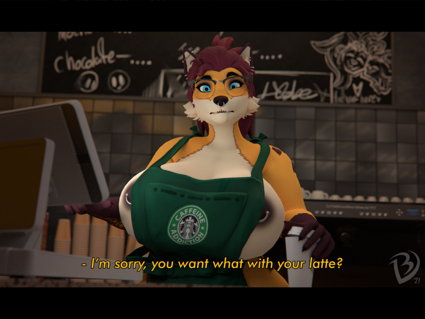 3d_(artwork) absurd_res anthro apron apron_only barista basedvulpine basedvulpine_(character) big_breasts breasts canid canine cash_register clothing coffee_cup coffee_shop concerned container cup curvy_figure digital_media_(artwork) erect_nipples female fox hi_res huge_filesize i_mean_breast_milk looking_at_viewer mammal meme mostly_nude nipple_piercing nipples piercing solo starbucks voluptuous