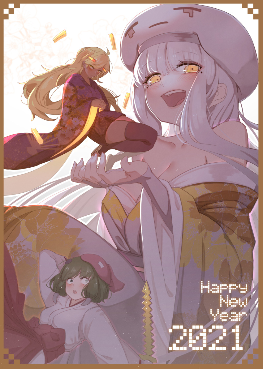 2021 3girls absurdres at2. bangs bare_shoulders beret blaze_(minecraft) blaze_rod blonde_hair blush border breasts cleavage dark-skinned_female dark_skin eyebrows_visible_through_hair ghast giant giantess glowing golden_sword green_hair hair_ornament happy_new_year hat heterochromia highres humanization japanese_clothes kimono long_hair long_sleeves looking_at_viewer minecraft mole mole_under_eye multiple_girls new_year obi open_mouth personification sash short_hair teeth thighhighs upper_teeth very_long_hair white_headwear white_kimono wide_sleeves yellow_eyes zombie_pigman