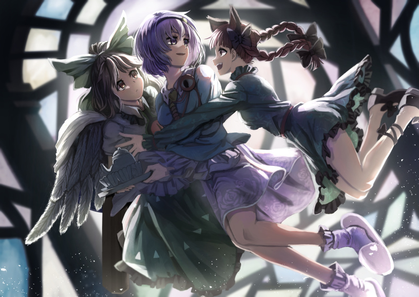 animal_ears black_bow black_hair black_wings bow braid brown_eyes cape cat_ears cup dress extra_ears family fang feathered_wings floral_print footwear_bow green_bow green_dress green_skirt highres holding holding_tray hug jacket jumping kaenbyou_rin kettle komeiji_satori legs long_hair mary_janes multiple_girls open_mouth orange_eyes passo pink_hair pink_legwear pink_skirt puffy_short_sleeves puffy_sleeves purple_eyes purple_hair purple_legwear purple_skirt red_eyes red_hair reiuji_utsuho shoes short_hair short_sleeves skirt slippers slit_pupils smile stained_glass subterranean_animism teacup third_eye touhou tray twin_braids window wings