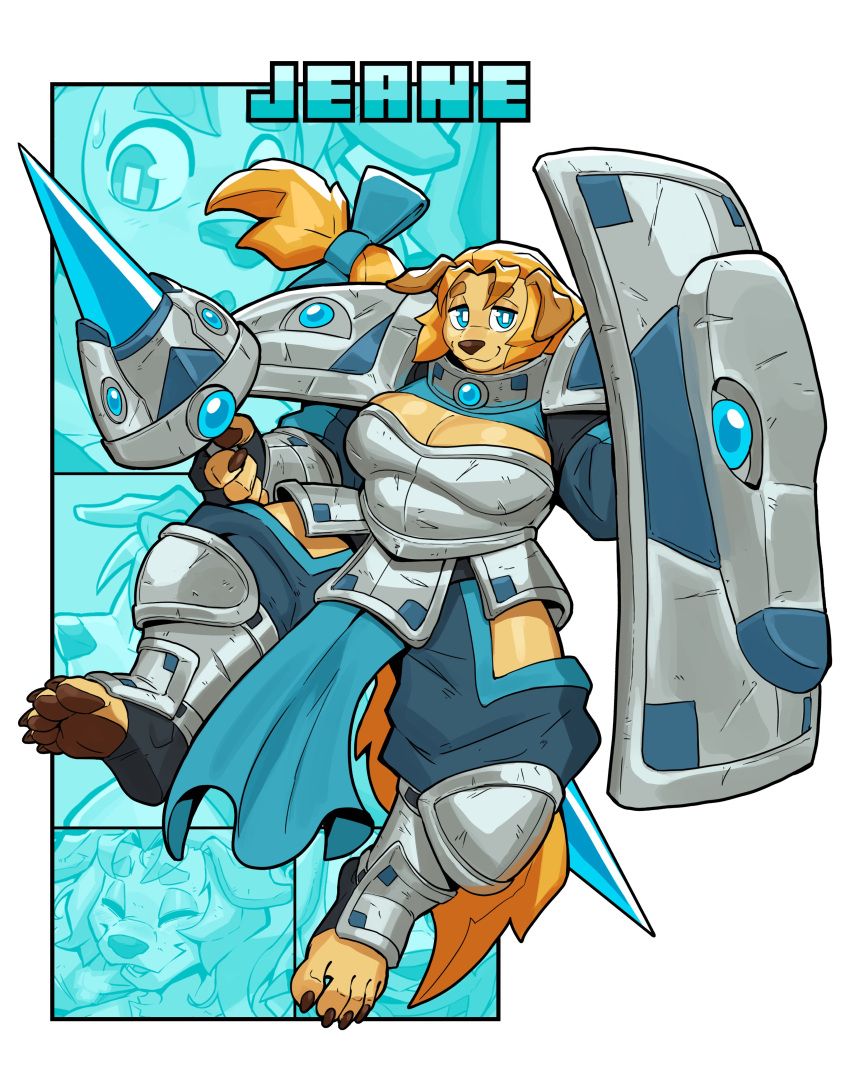 2022 5_fingers 5_toes absurd_res anthro armor bird_dog blonde_hair blue_eyes canid canine canis ceehaz dog_knight_rpg domestic_dog feet female fingers golden_retriever hair hi_res holding_object holding_weapon hunting_dog jeane_(ceehaz) long_hair looking_at_viewer mammal melee_weapon retriever shield smile solo toes weapon