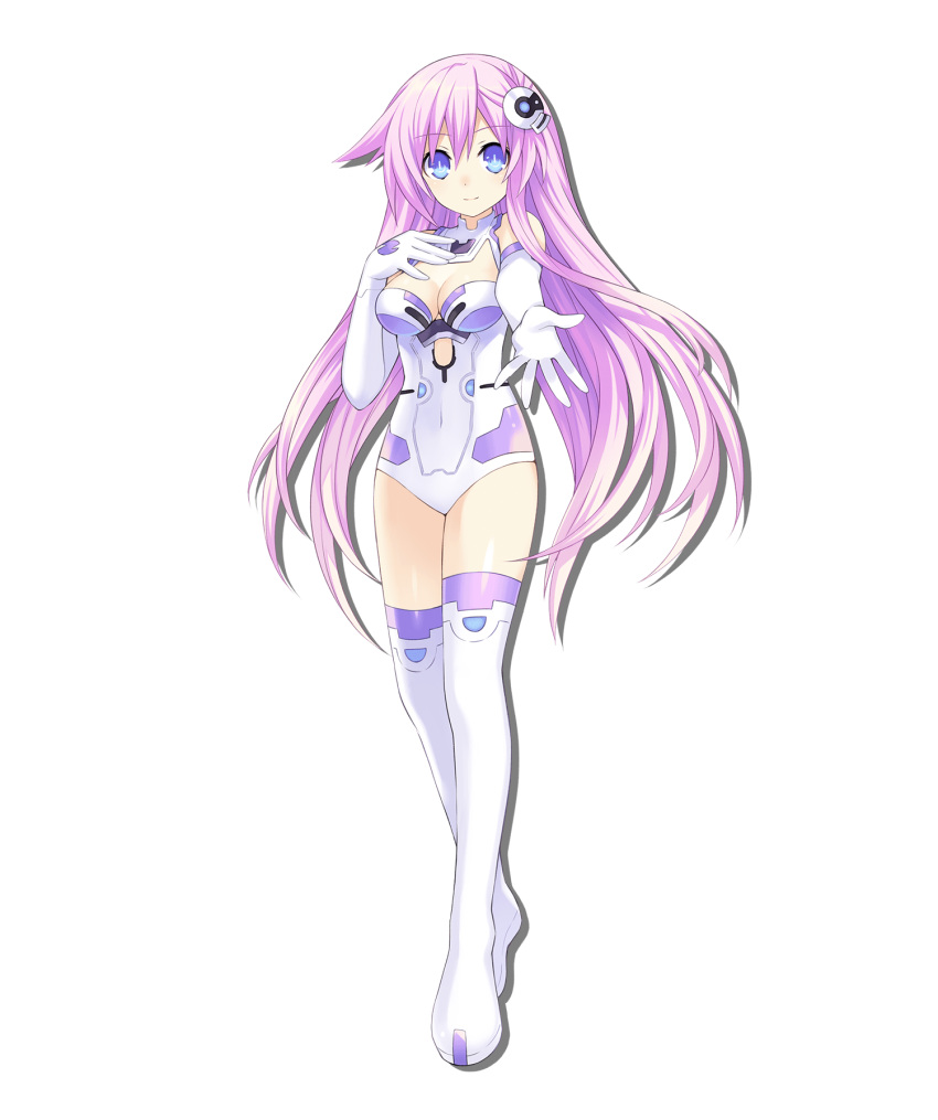 1girl alpha_transparency artist_request bangs bare_shoulders blue_eyes boots breasts choujigen_game_neptune_sisters_vs_sisters cleavage covered_navel crossed_ankles dot_nose drop_shadow elbow_gloves eyebrows_visible_through_hair full_body gloves hair_ornament hand_on_own_chest hand_up heel_up highres leotard long_hair looking_at_viewer medium_breasts neptune_(series) official_art pink_hair power_symbol-shaped_pupils purple_sister reaching_out smile solo standing straight_hair symbol-shaped_pupils tachi-e thigh_boots thighhighs transparent_background very_long_hair white_footwear white_gloves white_legwear white_leotard