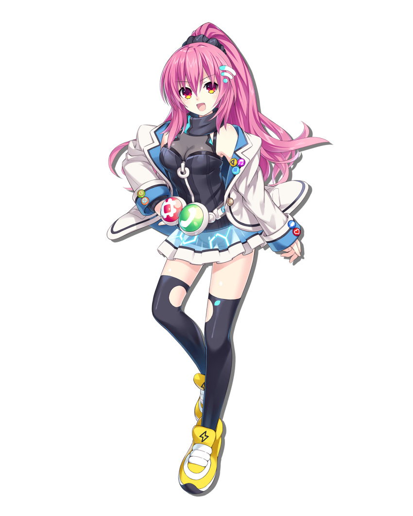 1girl :d alpha_transparency artist_request badge bangs belt black_legwear black_scrunchie black_vest blue_skirt button_badge choujigen_game_neptune_sisters_vs_sisters dot_nose drop_shadow eyebrows_visible_through_hair floating_hair full_body hair_ornament hand_on_hip heart heel_up highres jacket lightning_bolt_symbol long_hair long_sleeves looking_at_viewer maho_(neptune_series) miniskirt musical_note neptune_(series) number_sign off_shoulder official_art open_clothes open_jacket open_mouth pink_hair ponytail red_eyes scrunchie see-through_skirt shoes skirt smile sneakers solo standing standing_on_one_leg tachi-e thighhighs transparent_background turtleneck vest white_belt white_jacket wifi_symbol yellow_footwear zettai_ryouiki zipper