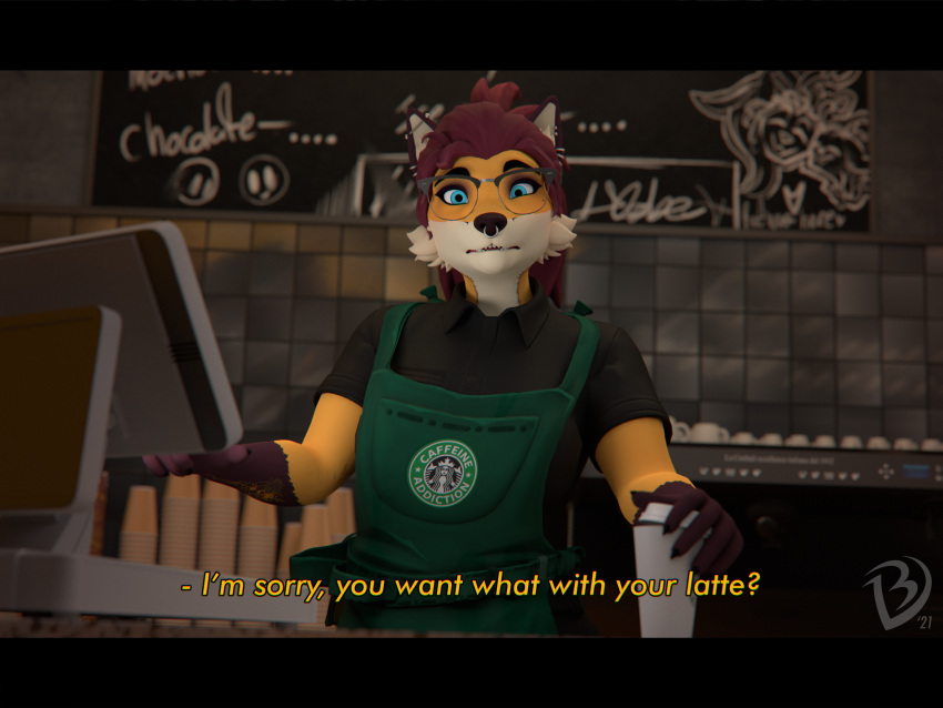 3d_(artwork) absurd_res anthro apron barista basedvulpine basedvulpine_(character) canid canine cash_register clothing coffee_cup coffee_shop concerned container cup digital_media_(artwork) female fox hi_res huge_filesize looking_at_viewer mammal solo starbucks