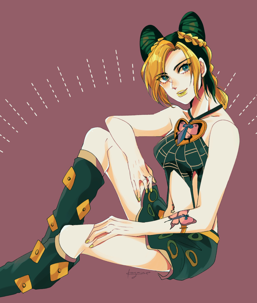 1girl black_hair blonde_hair blue_eyes boots braid butterfly_tattoo double_bun green_lips highres jojo_no_kimyou_na_bouken knee_boots kogatarou kujo_jolyne lipstick makeup midriff miniskirt multicolored_hair skirt smile solo spider_web_print tattoo two-tone_hair