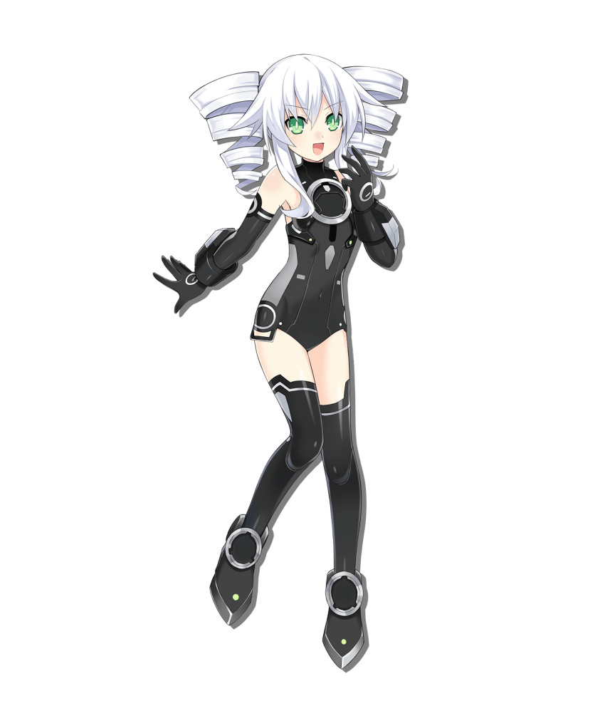 &gt;:) 1girl :d alpha_transparency artist_request bangs bare_shoulders black_footwear black_gloves black_legwear black_leotard black_sister boots choujigen_game_neptune_sisters_vs_sisters dot_nose drill_hair drop_shadow elbow_gloves eyebrows_visible_through_hair full_body gloves green_eyes hand_up highres leotard long_hair looking_at_viewer neptune_(series) official_art open_mouth sidelocks smile solo standing standing_on_one_leg tachi-e thigh_boots thighhighs transparent_background twin_drills v-shaped_eyebrows white_hair