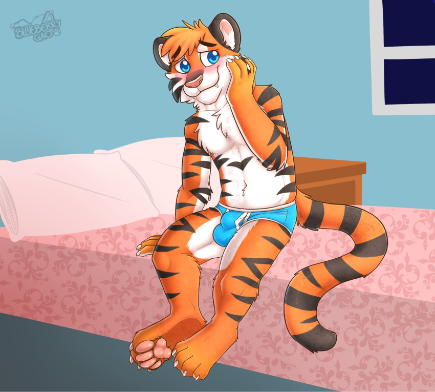 2021 anthro balls_outline bed biped black_body black_ears black_fur blue_briefs blue_eyes blush bulge cheek_tuft chest_tuft claws cute_fangs detailed_bulge eyebrow_through_hair eyebrows facial_tuft felid fur furniture gaokun genital_outline hair hi_res inner_ear_fluff link_nose looking_aside male mammal multicolored_body multicolored_fur orange_body orange_fur orange_hair pantherine pawpads pink_pawpads sitting solo stripes tiger toe_claws translucent translucent_hair tuft watermark white_body white_fur white_inner_ear