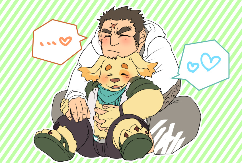 2boys animal_ears bara blush cross_scar cu_sith_(housamo) dog_boy dog_ears full_body furry furry_with_non-furry heart highres holding_hands houzouin_oniwaka interlocked_fingers interspecies long_sideburns male_focus mature_male multiple_boys norrie_(noll423z) scar scar_on_face scar_on_forehead short_hair sideburns thick_eyebrows tokyo_afterschool_summoners yaoi