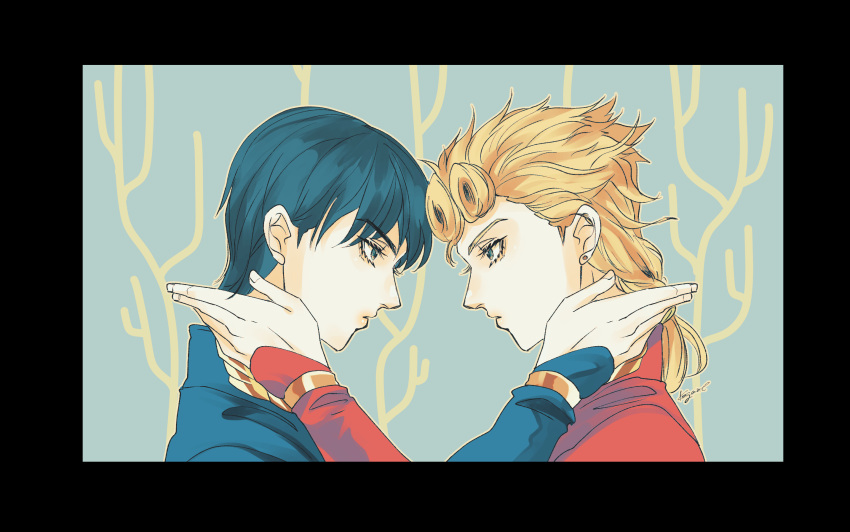 2boys black_hair blonde_hair blue_eyes bowl_cut braid dual_persona giorno_giovanna hand_on_another's_face haruno_shiobana highres jojo_no_kimyou_na_bouken kogatarou long_hair male_focus multiple_boys profile short_braid vento_aureo younger