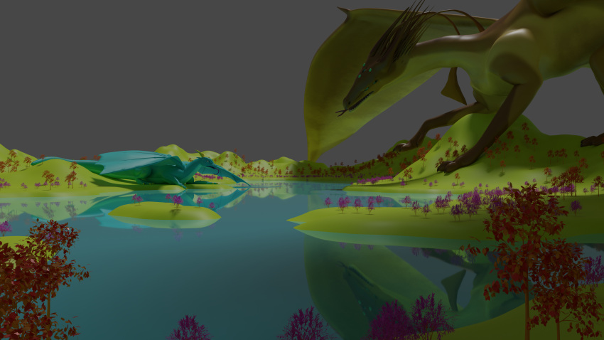 3d_(artwork) absurd_res ambiguous_gender blue_body brown_body digital_media_(artwork) dragon duo feral hi_res hill lake landscape landscape_dwarfing looming macro multi_eye nystemy_(artist) nystemy_(character) outside raytraced reflection tongue tongue_out vexorum wings