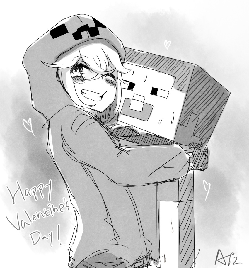 1boy 1girl at2. blush creeparka creeper cupa_(at2.) eyebrows_visible_through_hair greyscale grin happy_valentine heart highres hood hood_up hoodie hug looking_at_viewer medium_hair minecraft monochrome one_eye_closed parted_lips personification smile steve_(minecraft) teeth