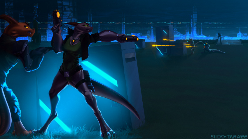 2022 6-9 alien anthro city city_background clothed clothing cybernetic_arm cybernetic_limb fan_character female group gun gunfire hi_res male male/female night one-piece_swimsuit ranged_weapon scalie science_fiction shido-tara space swimwear weapon