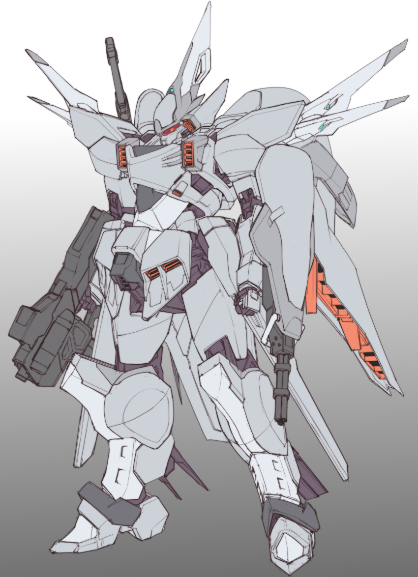 absurdres cgue clenched_hand gradient gradient_background gun gundam gundam_seed highres holding holding_gun holding_weapon mecha mechanical_wings mobile_suit one-eyed red_eyes shield solo standing weapon wings ztb0000