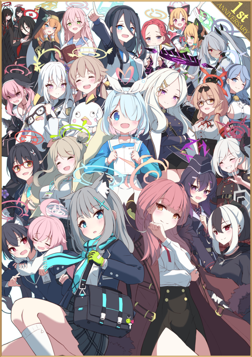 6+girls absurdres ako_(blue_archive) angel angel_wings animal_ear_fluff animal_ears anniversary arisu_(blue_archive) arona_(blue_archive) aru_(blue_archive) asuna_(blue_archive) azusa_(blue_archive) bag blue_archive book cat_ears character_request commentary_request demon_girl demon_horns everyone glasses halo hanako_(blue_archive) hasumi_(blue_archive) hat hifumi_(blue_archive) highres hina_(blue_archive) horns hoshino_(blue_archive) hug hug_from_behind iori_(blue_archive) karin_(blue_archive) kayoko_(blue_archive) koharu_(blue_archive) messiah_&amp;_crea midori_(blue_archive) military military_uniform momoi_(blue_archive) multiple_girls mutsuki_(blue_archive) neru_(blue_archive) pointy_ears scarf school_bag school_uniform shiroko_(blue_archive) stuffed_animal stuffed_toy uniform wings yuzu_(blue_archive)