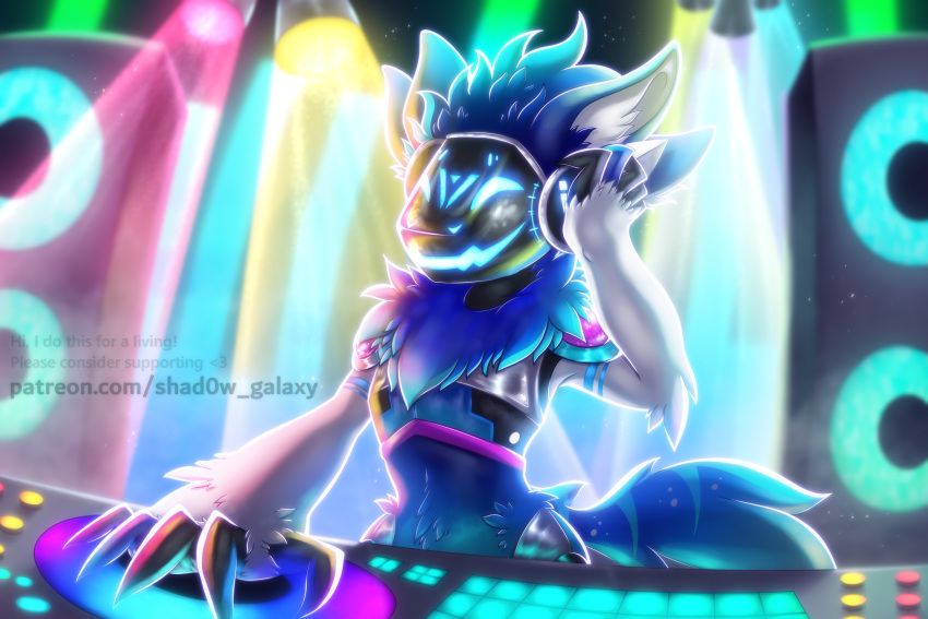 absurd_res anthro blue_body blue_eyes blue_fur clothed clothing digital_media_(artwork) fan_character fur hi_res machine male mammal open_mouth party patreon patreon_logo protogen robot screen screen_face shad0w-galaxy smile solo text url white_body white_fur