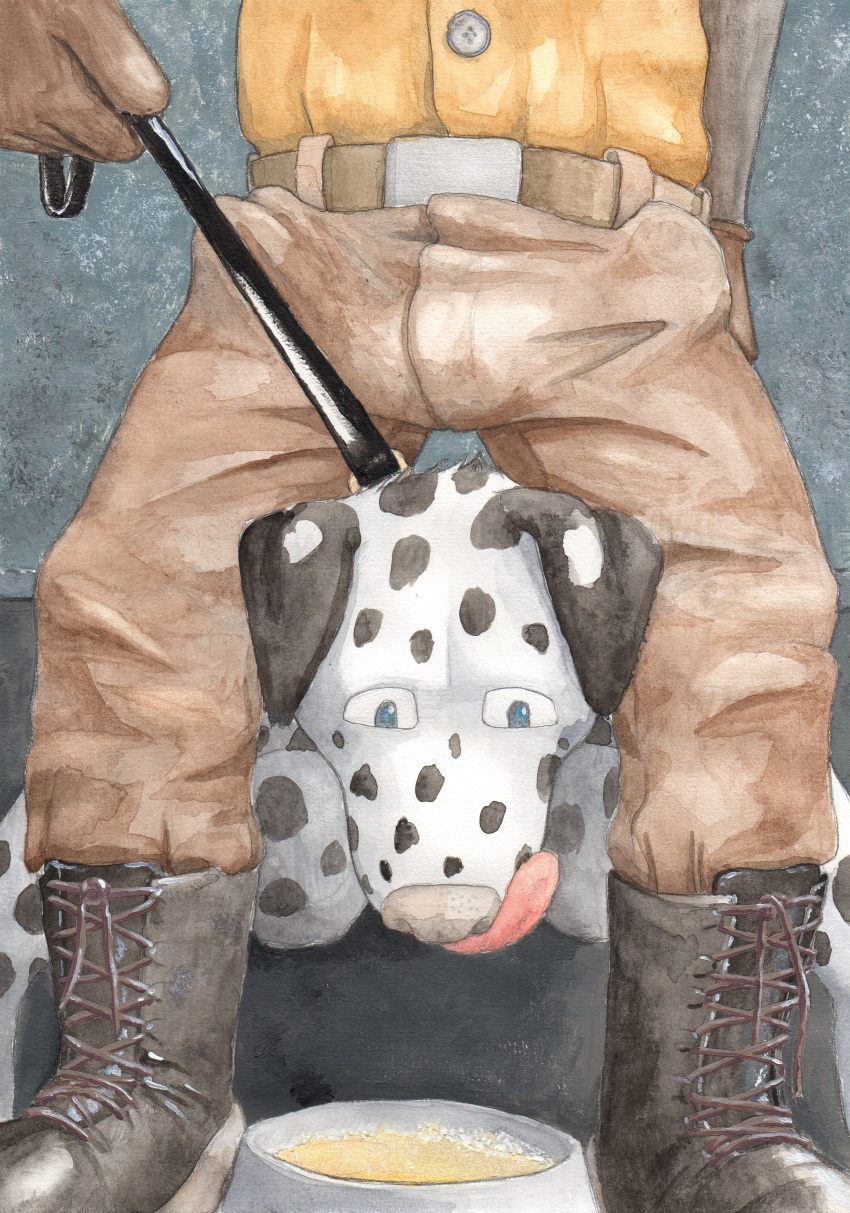 absurd_res acrylic_painting_(artwork) ambiguous_fluids anthro bdsm belt between_legs beverage black_ears blue_eyes bodily_fluids boots bulge canid canine canis clothing dalmatian domestic_dog dungeon duo faceless_anthro faceless_character faceless_male footwear genital_fluids gloves handwear hi_res kneeling leash leash_pull leather licking licking_lips looking_down male male/male mammal painting_(artwork) pet_bowl submissive tongue tongue_out toohbic traditional_media_(artwork) tuubi uniform urine waiting watercolor_(artwork) watersports
