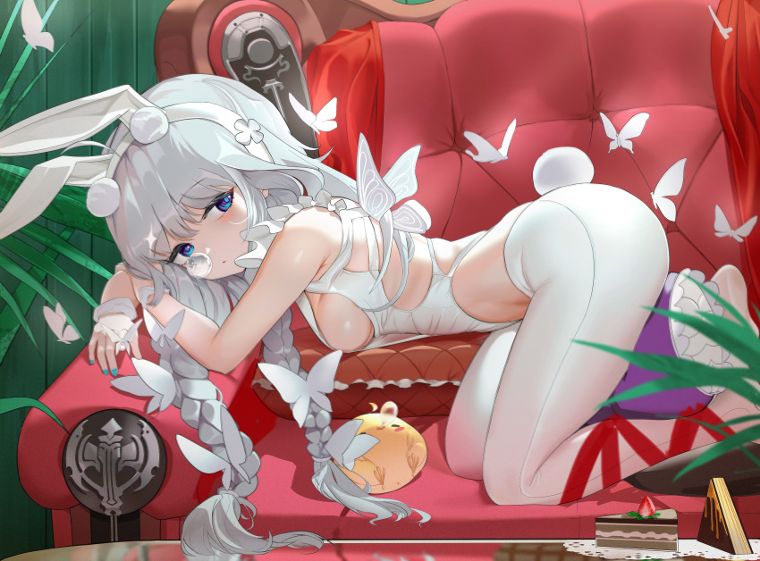 1girl absurdres all_fours animal_ears aqua_nails armpit_crease ass azur_lane bangs blue_eyes braid breasts bug butterfly cake chocolate_cake closed_mouth commentary couch expressionless eyebrows_visible_through_hair fake_animal_ears fake_tail food from_side glass_table hairband highres le_malin_(azur_lane) le_malin_(listless_lapin)_(azur_lane) leotard long_hair looking_at_viewer low_twin_braids manjuu_(azur_lane) medium_breasts nail_polish on_couch pantyhose pillow playboy_bunny playboy_bunny_leotard rabbit_ears rabbit_tail sideboob silver_hair solo table tail twin_braids user_cxeu5238 very_long_hair white_legwear white_leotard wrist_cuffs