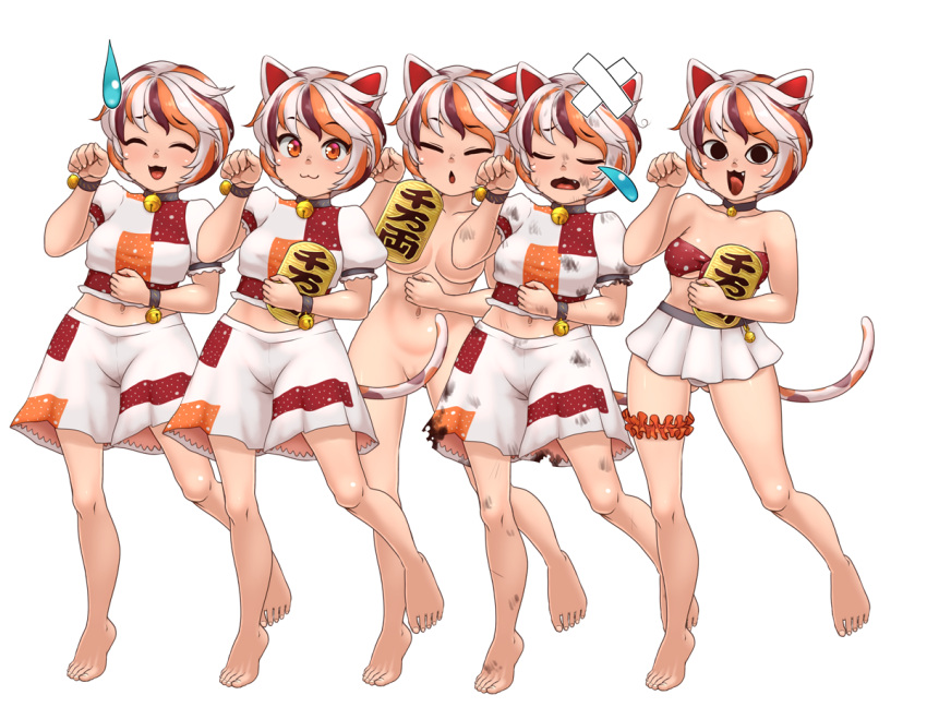 1girl :3 animal_ears barefoot bell breasts brown_hair cat_ears cat_tail closed_eyes closed_mouth collarbone completely_nude crop_top d.koutya eyebrows_visible_through_hair fang full_body gold goutokuji_mike jingle_bell koban_(gold) medium_breasts multicolored_hair multiple_views navel nude open_mouth orange_eyes orange_hair patches pleated_skirt pussy short_hair short_sleeves shorts simple_background skirt smile standing streaked_hair tachi-e tail touhou white_background white_hair white_shorts white_skirt