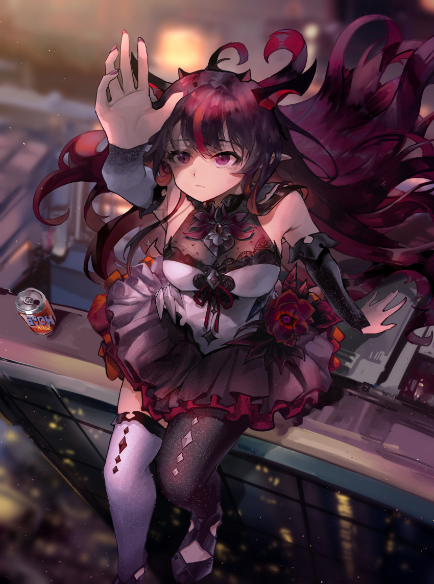 1girl absurdres bangs black_legwear breasts can detached_sleeves eyebrows_visible_through_hair highres hololive hololive_english irys_(hololive) long_hair looking_up medium_breasts open_hand pointy_ears purple_eyes purple_hair single_leg_pantyhose single_thighhigh sitting soda_can solo thighhighs virtual_youtuber vyragami white_legwear